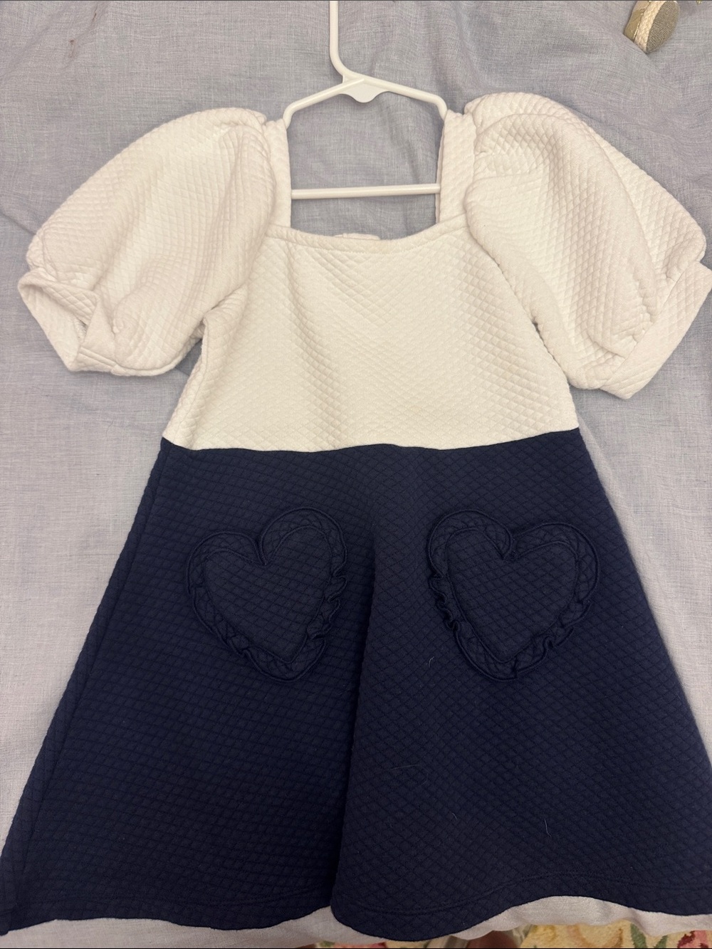 Janie and Jack White Bodice Navy Skirt Puff Sleeve Dress with Heart Pockets